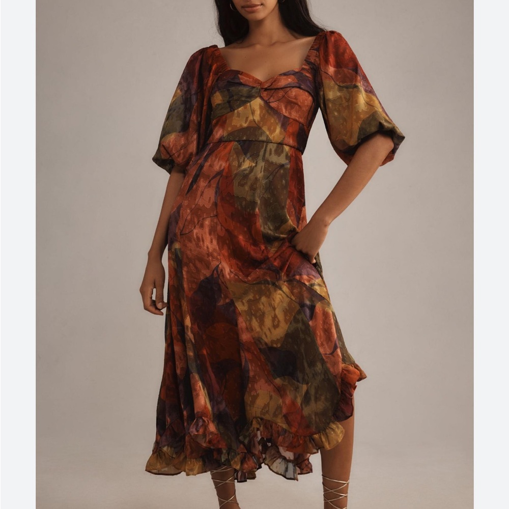 Anthropologie Hutch Printed Twist-Front Puff Sleeve Ruffle-Hem Dress